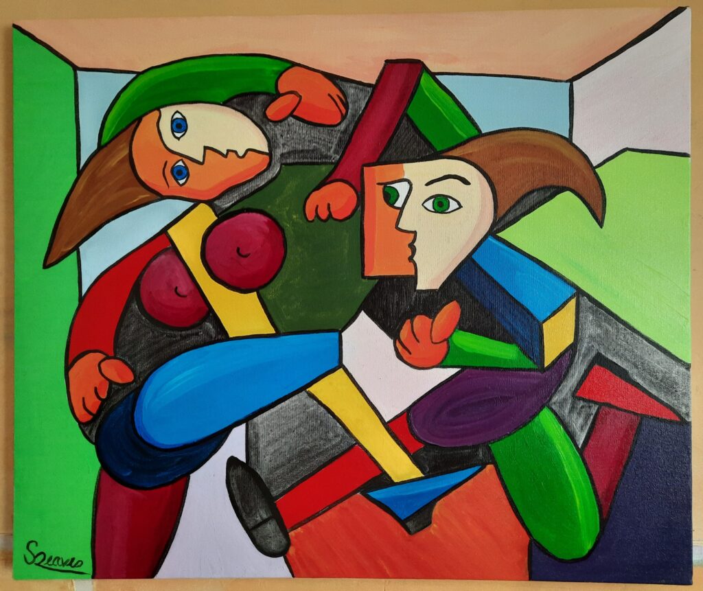 A multitude of brightly colored geometrical shapes and flowing abstract lines, suggesting motion of a man and woman dancing under colorful lights. A full color spectrum of light with charcoal washed negative space areas.