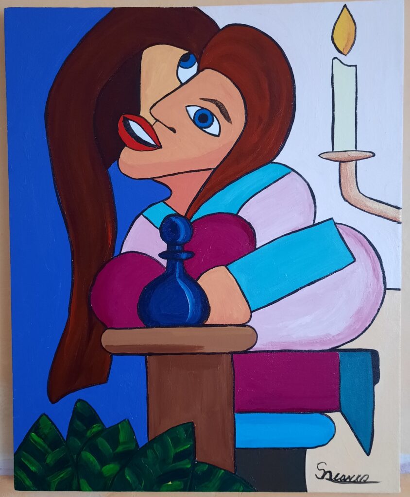 Shakespeare's Juliet on her balcony, looking at the same moon as Romeo hiding below. She is dresses in her evening gown with both vivid and softer magentas highlighted with cyan blue sleeves and collar as she grasps a vial foreshadowing friar Laurence's sleeping potion.