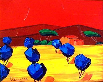A thick pyrrole red, cloudless sky dominates the landscape with very limited palette knife strokes, some traversing the entire width without interuption. Bold blue olive trees suggest an orchard and a small country home.
