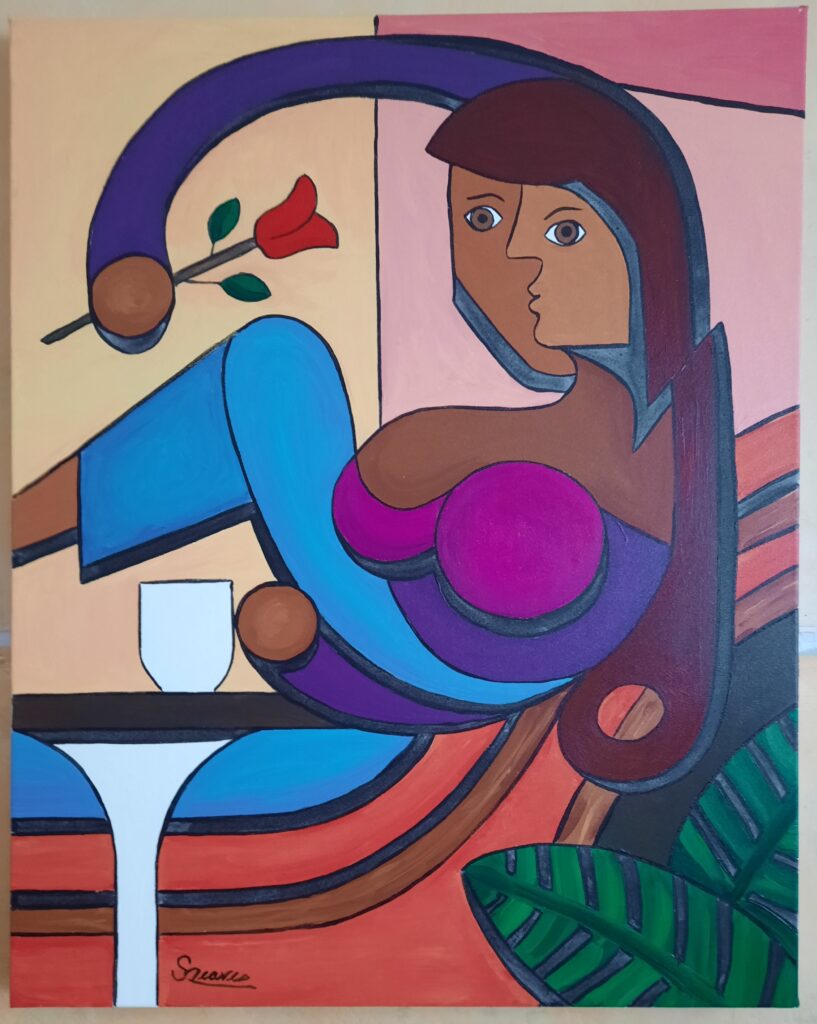 An art deco inspired composition with peach and creamy colors in the background, with long sweeping lines, with an abstractly formed woman in shades of brown hinting at a white cup of cappuccino. Areas of negative charcoal wash spaces highlight vivid blues, magentas, and orange, all while holding a vivid red rose.