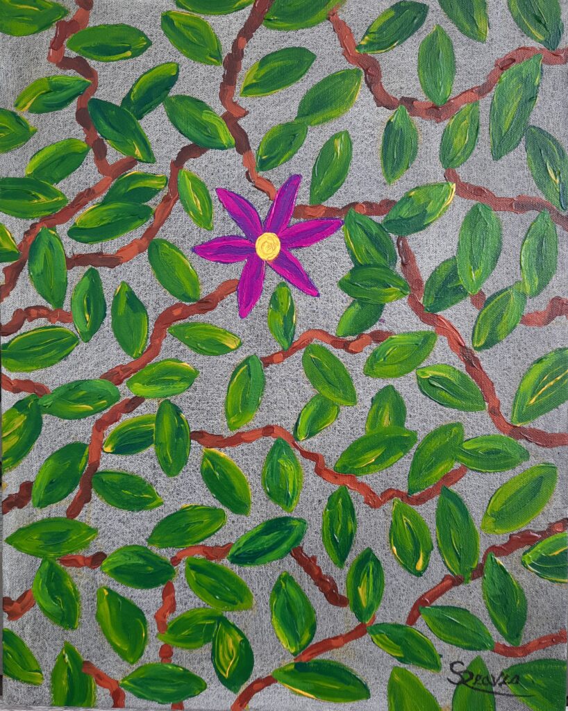 Brightly yellow highlighted vivid green leaves grow from warm brown vines over a charcoal washed background. A single blossom with a bright yellow center with light violet leaves highlighted with medium magenta creating the focal point.