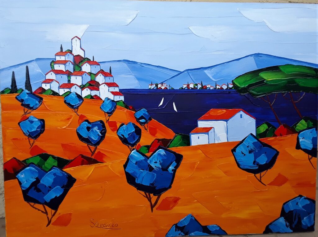 Thick paint, almost as still wet, applied with intentionally broad and wide palette knife strokes, depicts a water scene in northern Italy. The painting draws on the architecture and landscape surrounding Lake Garde in primary colors, with blue and orange as dominant contrasting hues.