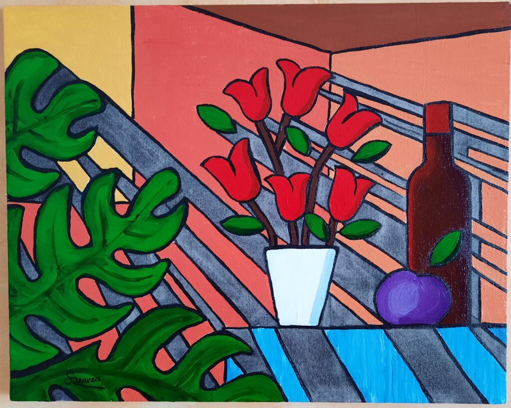 A still life with a sunlit window with rays of sunlight, hinted at with washed charcoal rays, streaming through vivid red roses and brilliant green philodendron leaves. A bottle of red wine, a white vase, and a violet plumb on a light blue tablecloth.