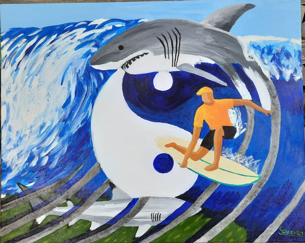 A Great White Shark appears crashing over a surfer along with a wave over a shallow reef. A Yen and Yang symbol is central to the pipeline wave over the green shallow reef with a smaller cruising shark. A dark ultramarine and cobalt blue combination ads depth to the ocean.